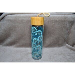 Pioneer Woman Blue Teal Floral Glass 20 oz Water Bottle Bamboo Lid Rope Loop
